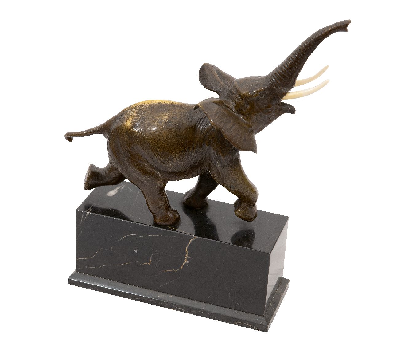 Büschelberger A.  | Anton Büschelberger, Rennende olifant, brons 24,5 x 29,0 cm, gesigneerd op buik met monogram