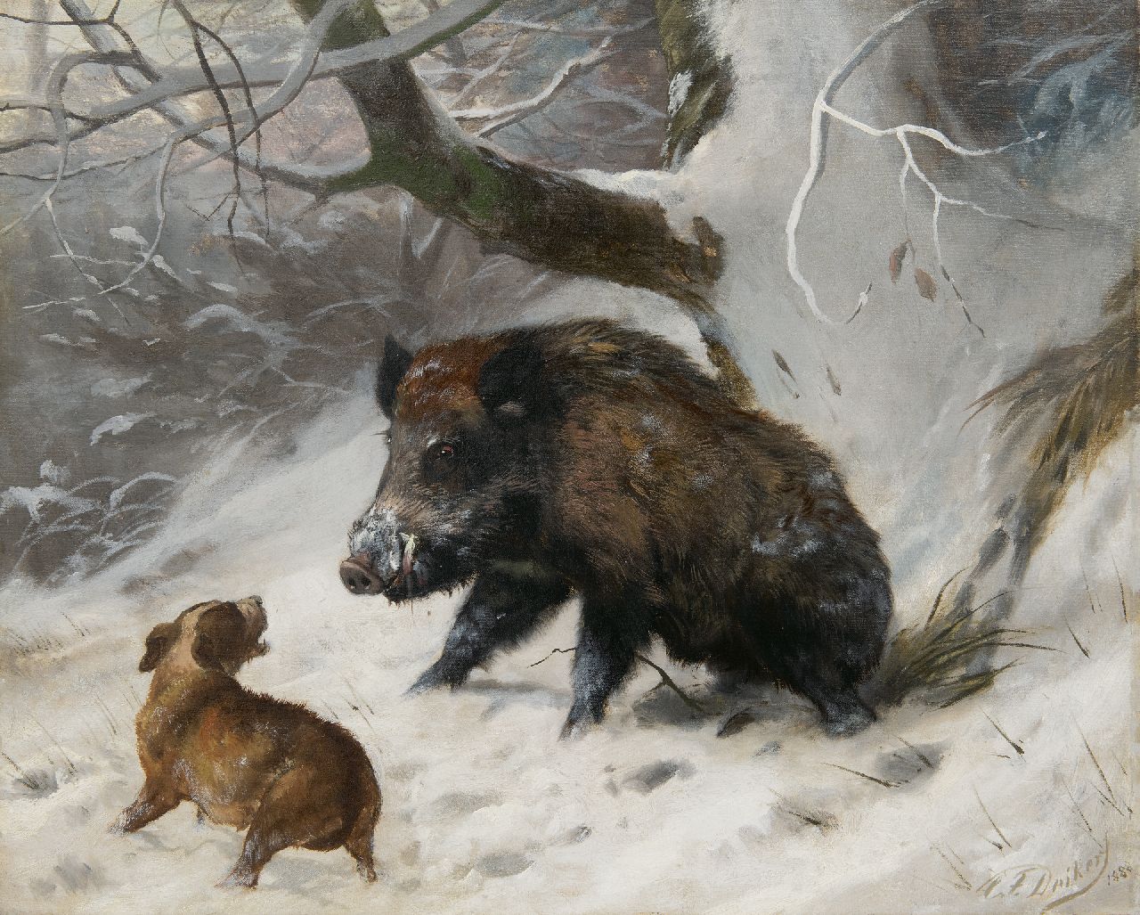 Carl Friedrich Deiker | Jachthond met wild zwijn, olieverf op doek, 40,2 x 49,8 cm, gesigneerd r.o. en gedateerd 1888