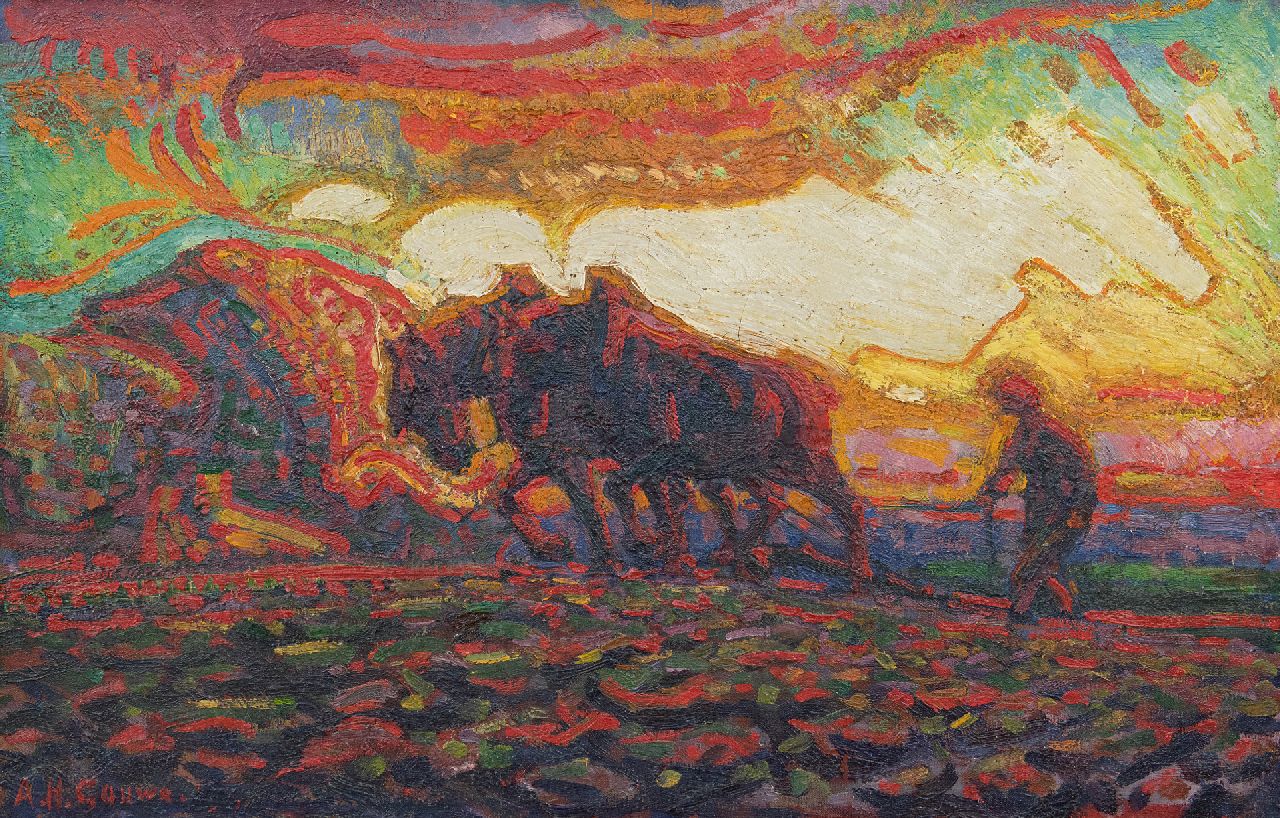 Gouwe A.H.  | Adriaan Herman Gouwe, Ploegende boer, olieverf op doek 31,4 x 48,4 cm, gesigneerd linksonder en te dateren ca. 1910-1915