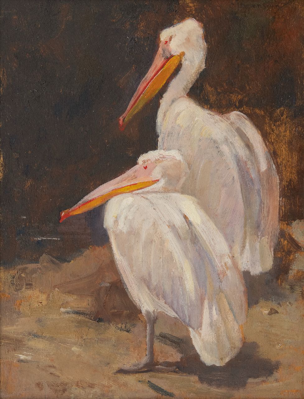 Mension C.J.  | Cornelis Jan Mension | Schilderijen te koop aangeboden | Twee pelikanen, olieverf op paneel 36,5 x 27,2 cm, gesigneerd rechtsboven