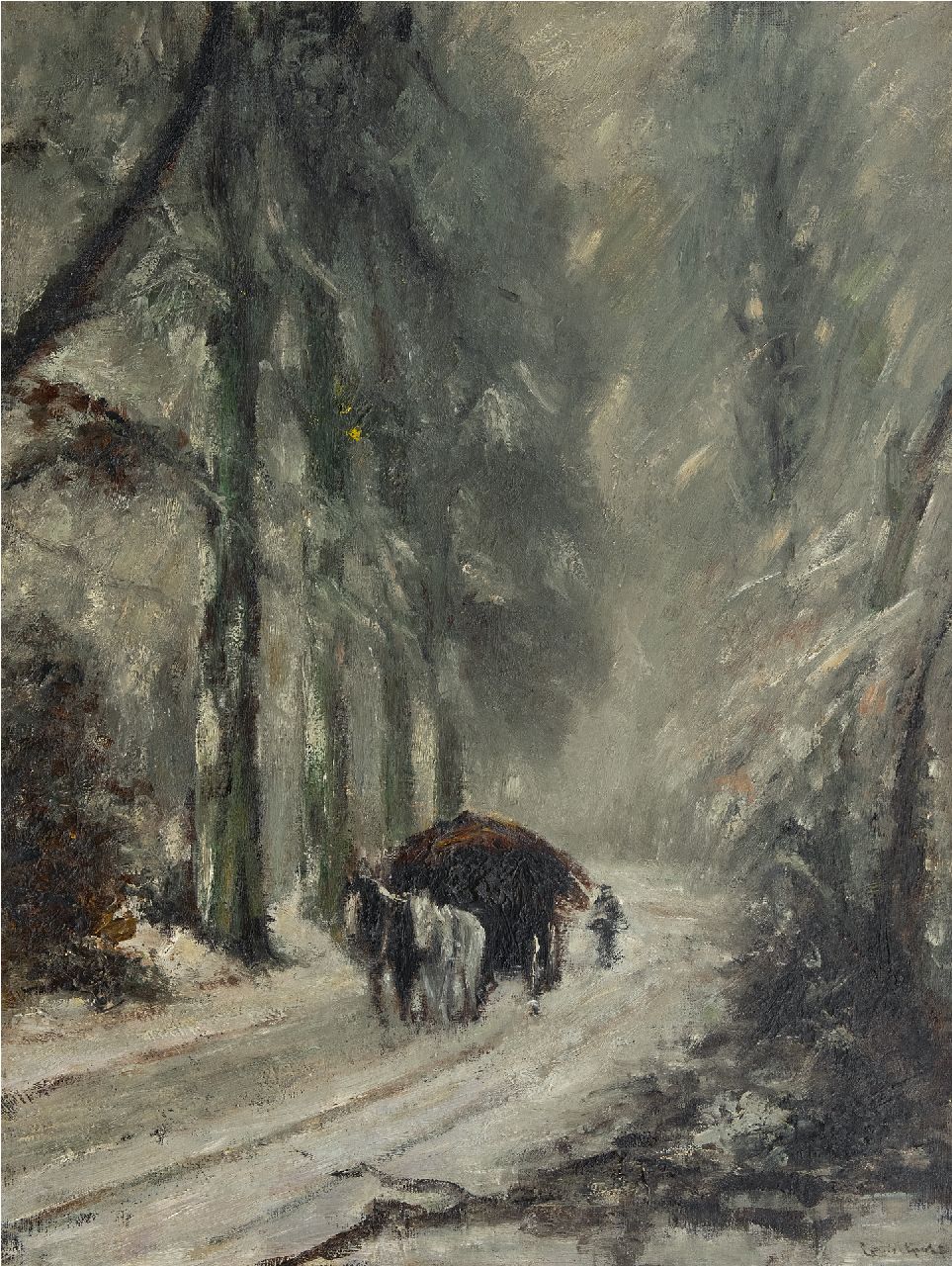 Apol L.F.H.  | Lodewijk Franciscus Hendrik 'Louis' Apol | Schilderijen te koop aangeboden | Na de sneeuwval: paard en wagen op besneeuwd bospad, olieverf op doek 81,0 x 61,0 cm, gesigneerd linksonder