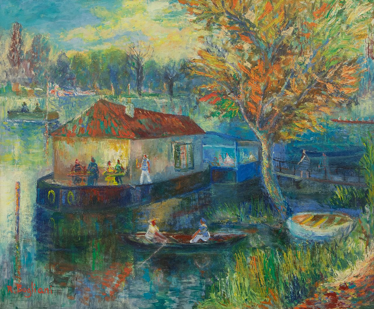 Bogliani R.  | Robert. Bogliani | Schilderijen te koop aangeboden | Zomers café op het water, olieverf op board 50,0 x 61,0 cm, gesigneerd linksonder
