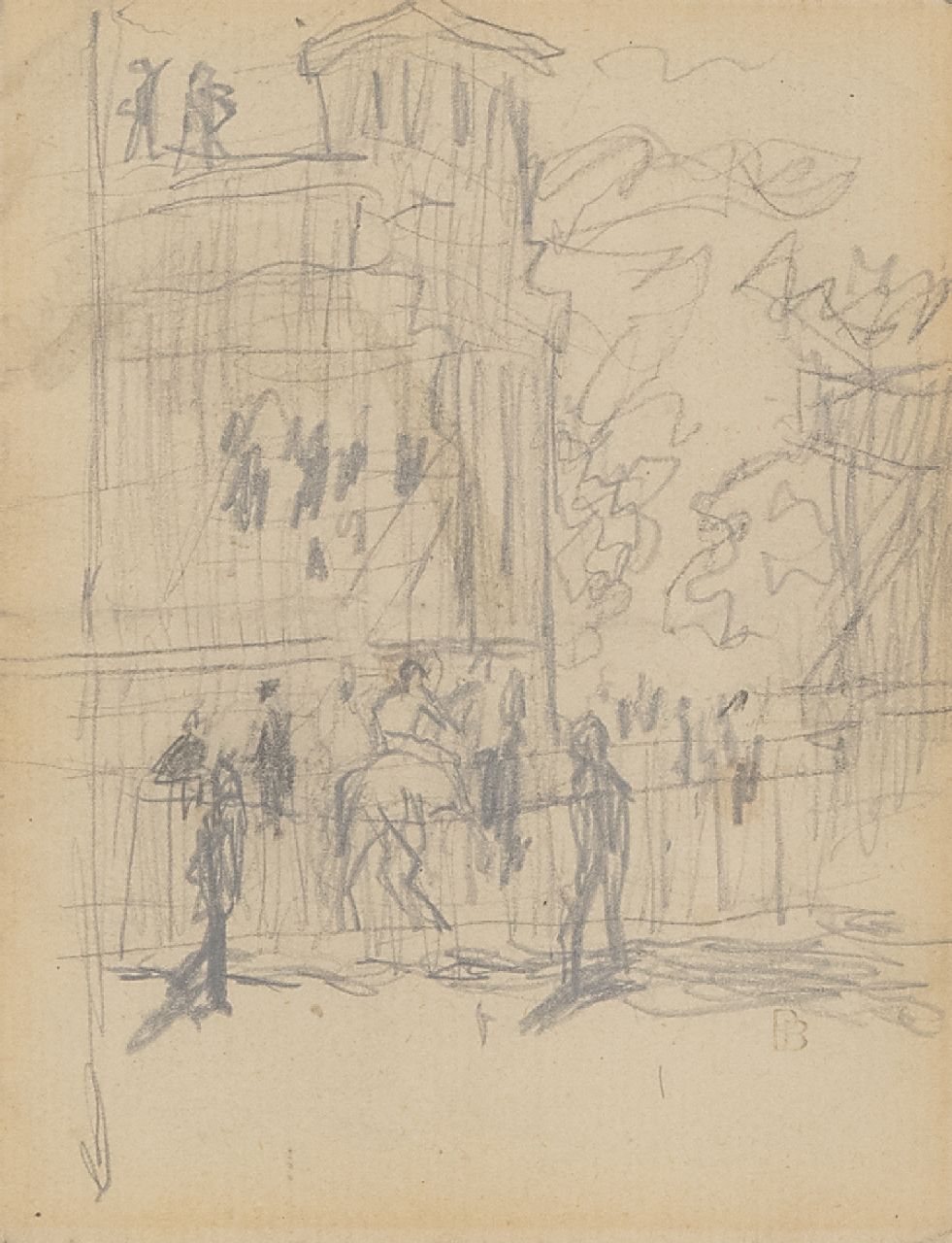 Bonnard P.E.F.  | 'Pierre' Eugène Frédéric Bonnard | Aquarellen en tekeningen te koop aangeboden | Op de renbaan, potlood op papier 11,0 x 8,5 cm, gesigneerd rechtsonder met stempel