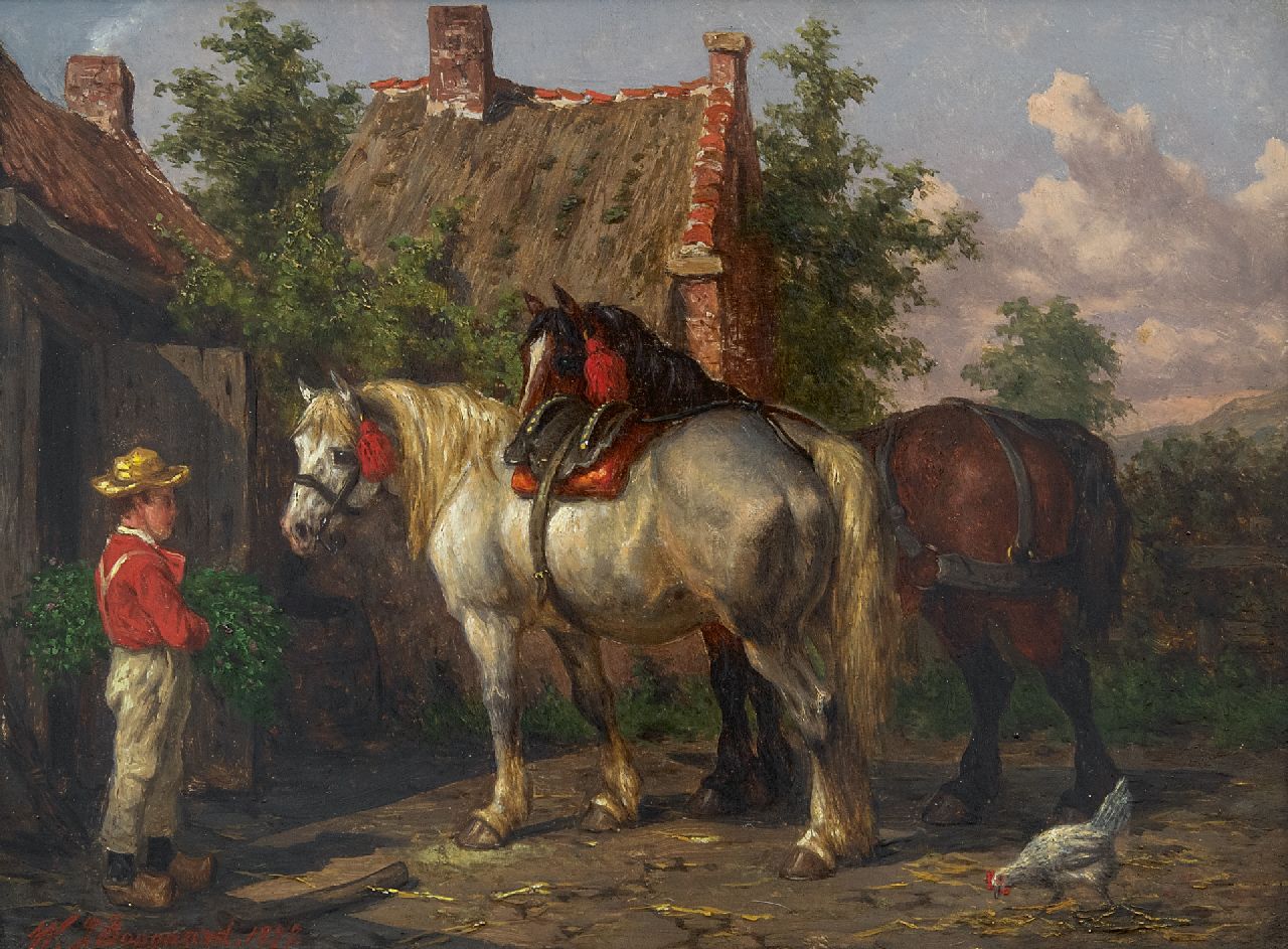 Boogaard W.J.  | Willem Johan Boogaard | Schilderijen te koop aangeboden | Paarden en knecht bij de stal, olieverf op paneel 20,0 x 27,2 cm, gesigneerd linksonder en gedateerd 1877