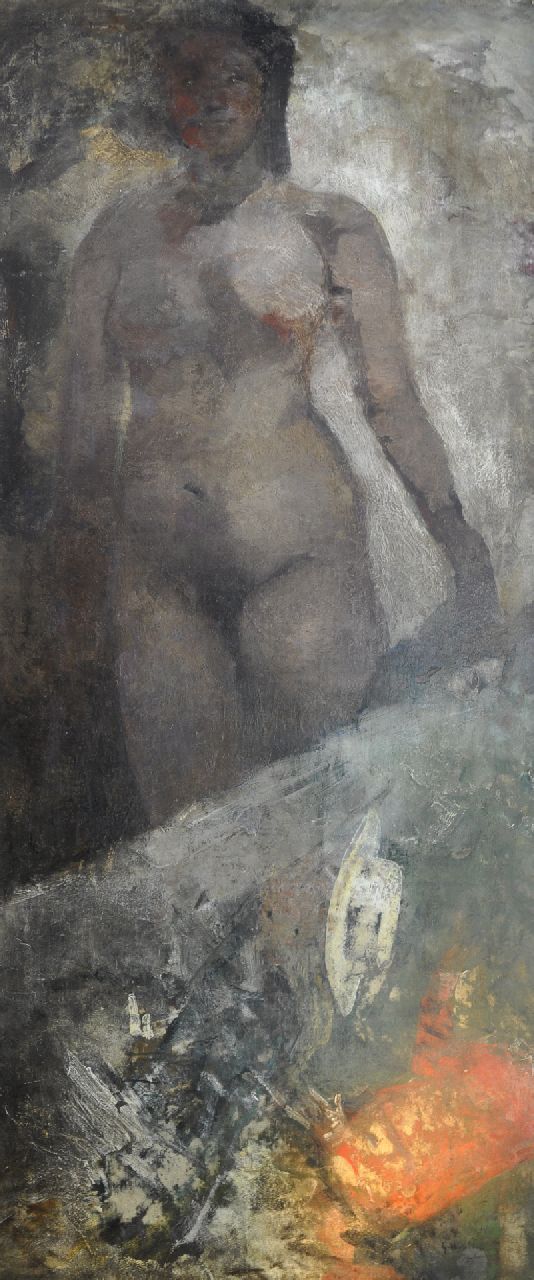 Breitner G.H.  | George Hendrik Breitner | Schilderijen te koop aangeboden | Staand vrouwelijk naakt i.o., olieverf op doek 195,0 x 80,0 cm, gesigneerd rechtsonder en te dateren ca. 1878