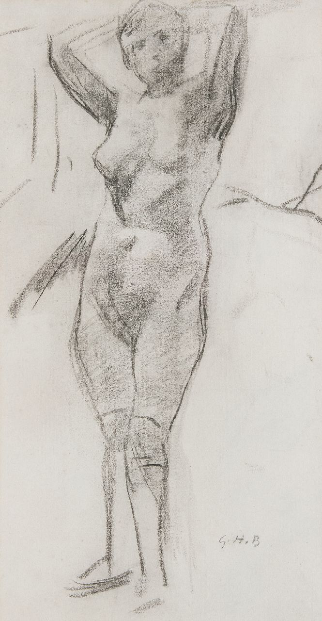 George Hendrik Breitner | Staand naakt (studie), houtskool op papier, 56,0 x 30,0 cm, gesigneerd r.o. met initialen en te dateren ca. 1900