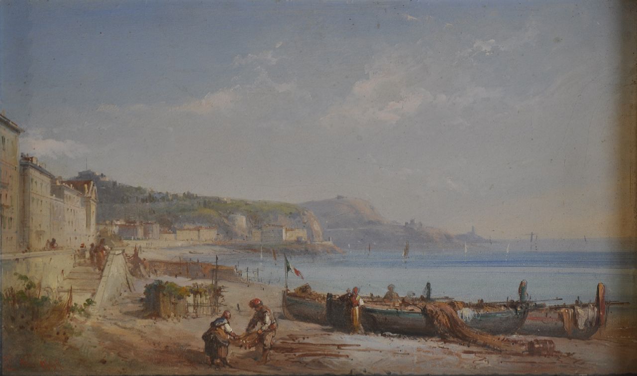 Emmanuel Costa | De baai van Nice, olieverf op schildersboard, 23,0 x 38,2 cm, gesigneerd l.o. met monogram en gedateerd 1869