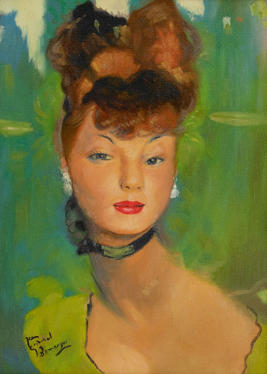 Domergue J.G.  | Jean-Gabriel Domergue | Schilderijen te koop aangeboden | Jonge vrouw gekleed in groen, olieverf op doek 33,5 x 24,0 cm, gesigneerd linksonder