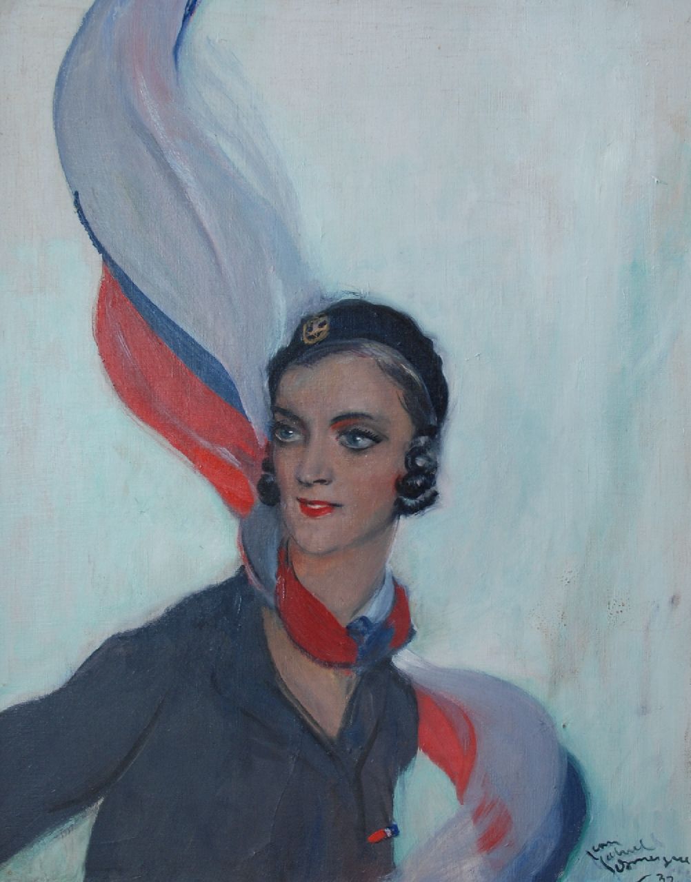 Domergue J.G.  | Jean-Gabriel Domergue | Schilderijen te koop aangeboden | Jonge vrouw met gekleurde sjaal, olieverf op doek 82,5 x 65,0 cm, gesigneerd rechtsonder en gedateerd '32