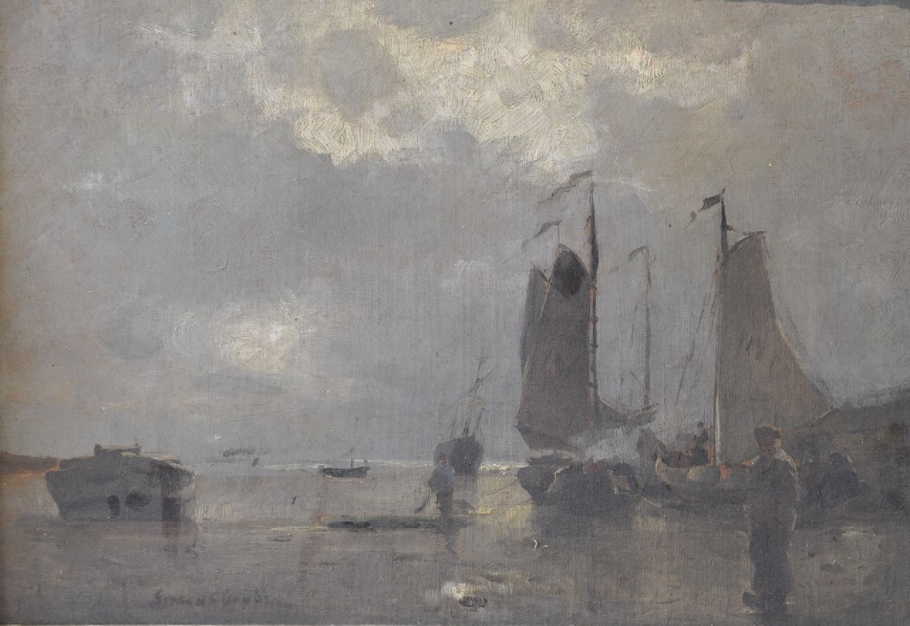 Grobe P.G. | Philipp 'German' Grobe | Schilderijen te koop aangeboden | Vissersboten op het strand bij avond, olieverf op board op paneel 31,3 x 44,5 cm, gesigneerd linksonder Grobe P.G. | Philipp 'German' Grobe | Schilderijen te koop aangeboden | Vissersboten op het strand bij avond, olieverf op board op paneel 31,3 x 44,5 cm, gesigneerd linksonder