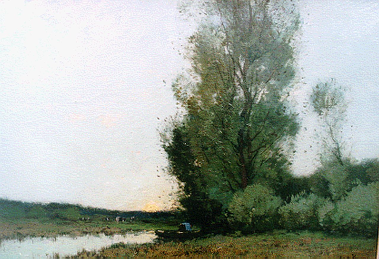Kuijpers C.  | Cornelis Kuijpers, Boer in roeiboot bij zonsopkomst aan de bosrand, olieverf op doek 42,0 x 61,5 cm, gesigneerd rechtsonder