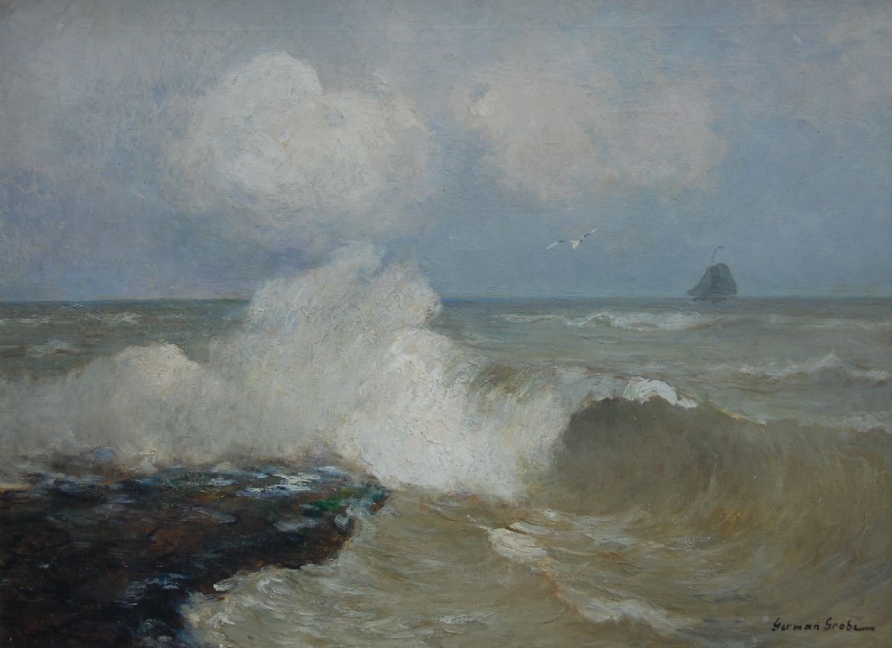 Grobe P.G.  | Philipp 'German' Grobe | Schilderijen te koop aangeboden | Opspattende golven bij aan de uitwatering bij Katwijk aan Zee, olieverf op doek 60,5 x 80,5 cm, gesigneerd linksonder