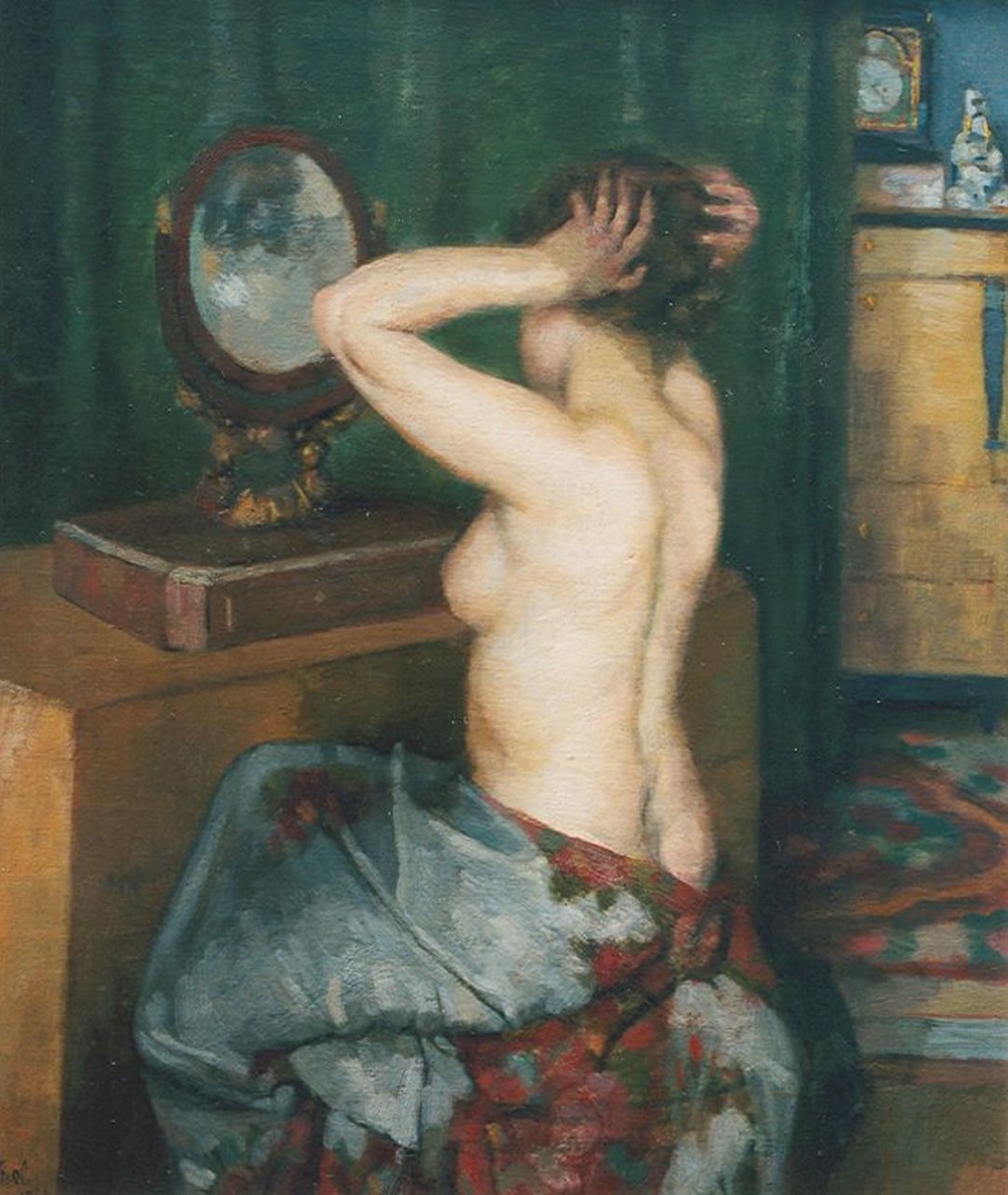Herschel O.J.  | Otto J. Herschel, Halfnaakte jonge vrouw voor de spiegel, olieverf op doek 53,0 x 44,5 cm, gesigneerd linksonder en gedateerd 1935