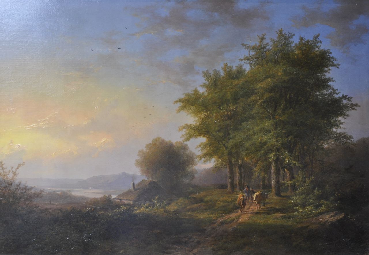 Klombeck J.B.  | Johann Bernard Klombeck | Schilderijen te koop aangeboden | Herders met vee op een bospad, olieverf op paneel 38,5 x 56,0 cm, gesigneerd rechtsonder