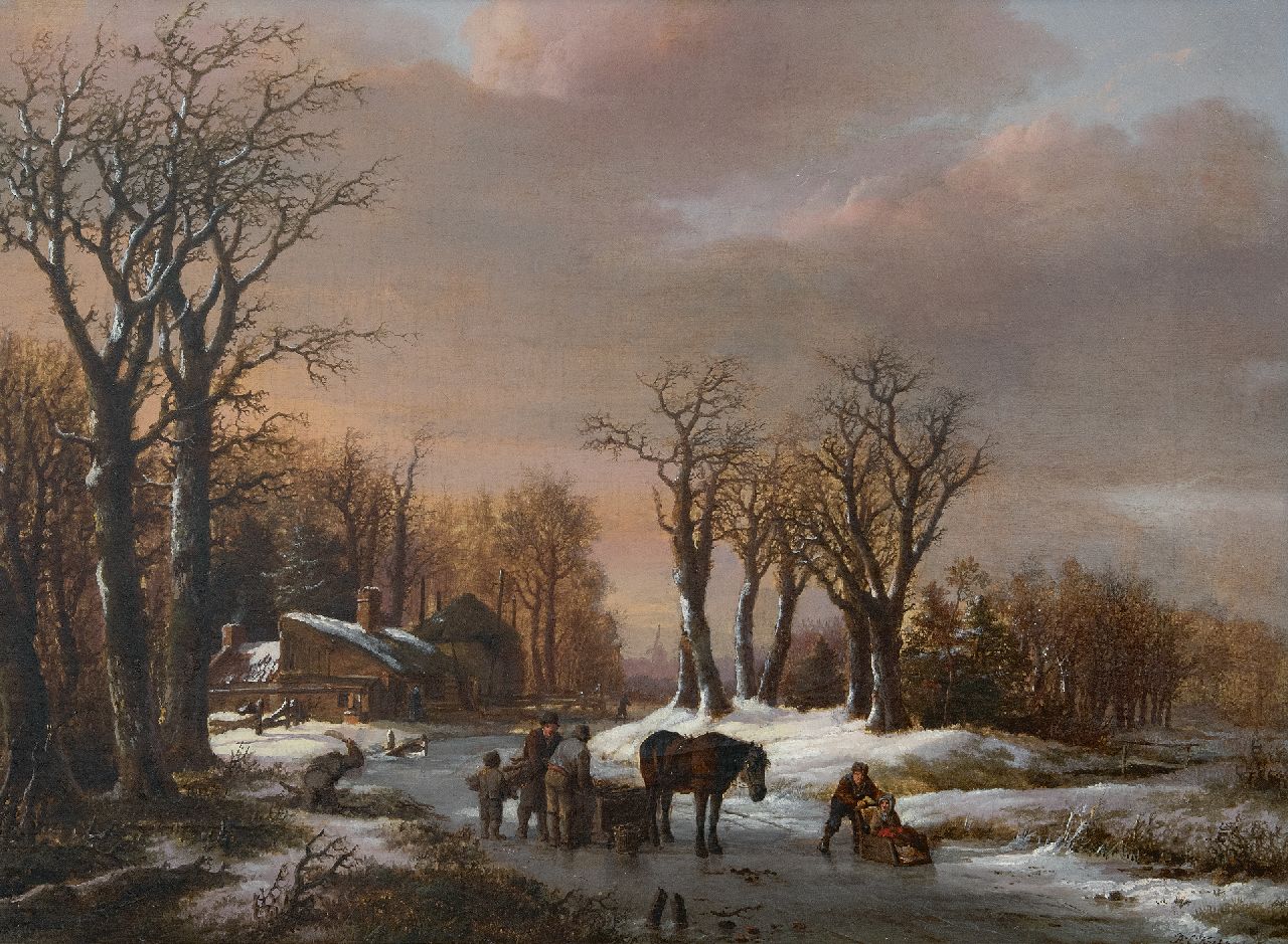 Koekkoek B.C.  | Barend Cornelis Koekkoek | Schilderijen te koop aangeboden | Winterlandschap met paardenslee op het ijs, olieverf op doek 44,0 x 58,0 cm, gesigneerd rechtsonder en gedateerd 1824