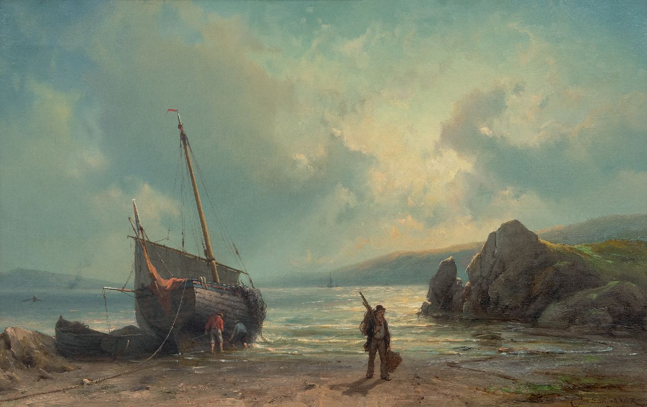 Koekkoek J.H.B. | Johannes Hermanus Barend 'Jan H.B.' Koekkoek | Schilderijen te koop aangeboden | Visserswerk op het strand, olieverf op doek 42,0 x 67,5 cm, gesigneerd rechtsonder Koekkoek J.H.B. | Johannes Hermanus Barend 'Jan H.B.' Koekkoek | Schilderijen te koop aangeboden | Visserswerk op het strand, olieverf op doek 42,0 x 67,5 cm, gesigneerd rechtsonder