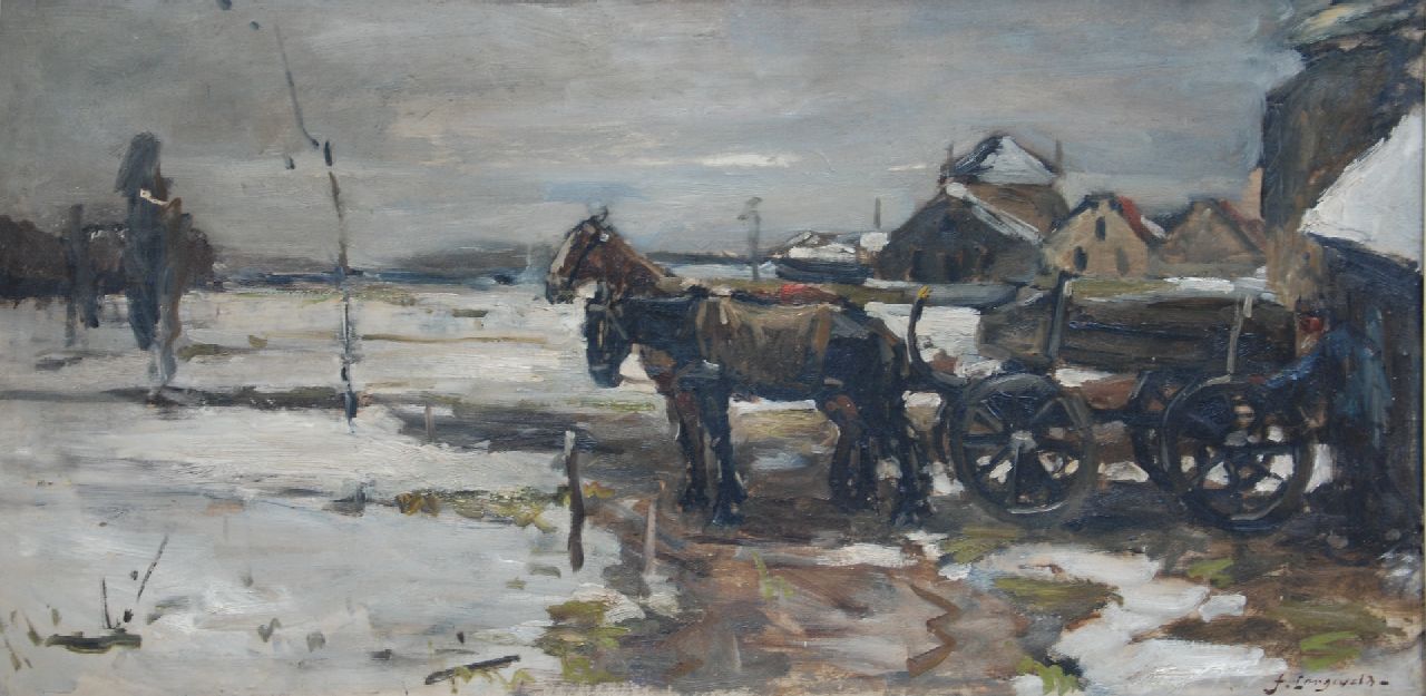 Langeveld F.A.  | Franciscus Arnoldus 'Frans' Langeveld | Schilderijen te koop aangeboden | Paard en wagen in de sneeuw, olieverf op doek 60,5 x 121,5 cm, gesigneerd rechtsonder