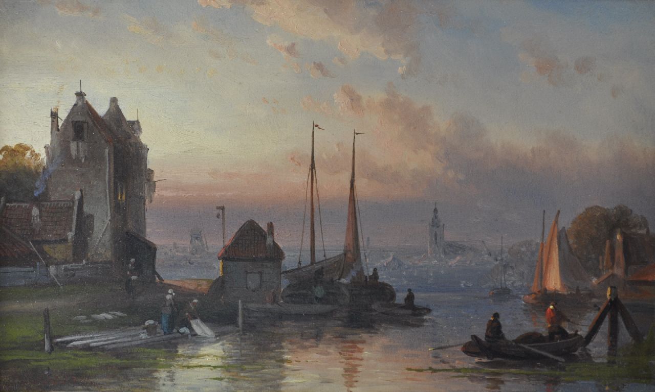 Leickert C.H.J.  | 'Charles' Henri Joseph Leickert | Schilderijen te koop aangeboden | Bedrijvigheid op de rivier bij zonsondergang, olieverf op paneel 16,3 x 26,3 cm, gesigneerd linksonder
