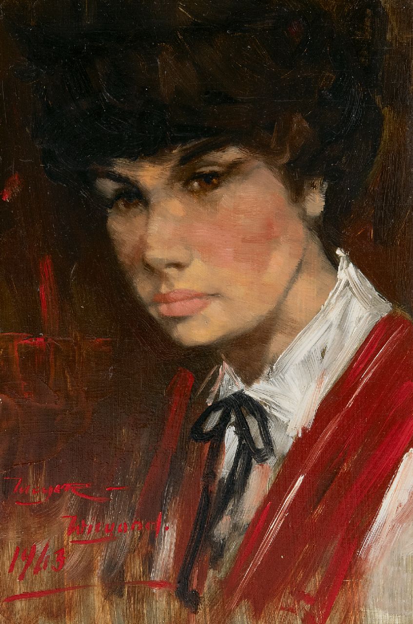 Meyer-Wiegand R.D.  | Rolf Dieter Meyer-Wiegand | Schilderijen te koop aangeboden | Portret van een jonge vrouw, olieverf op paneel 15,1 x 21,0 cm, gesigneerd linksonder en gedateerd 1963