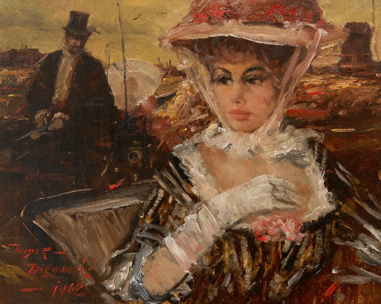 Meyer-Wiegand R.D.  | Rolf Dieter Meyer-Wiegand | Schilderijen te koop aangeboden | Elegante dame in een koets, olieverf op paneel 24,0 x 30,0 cm, gesigneerd linksonder en gedateerd 1962
