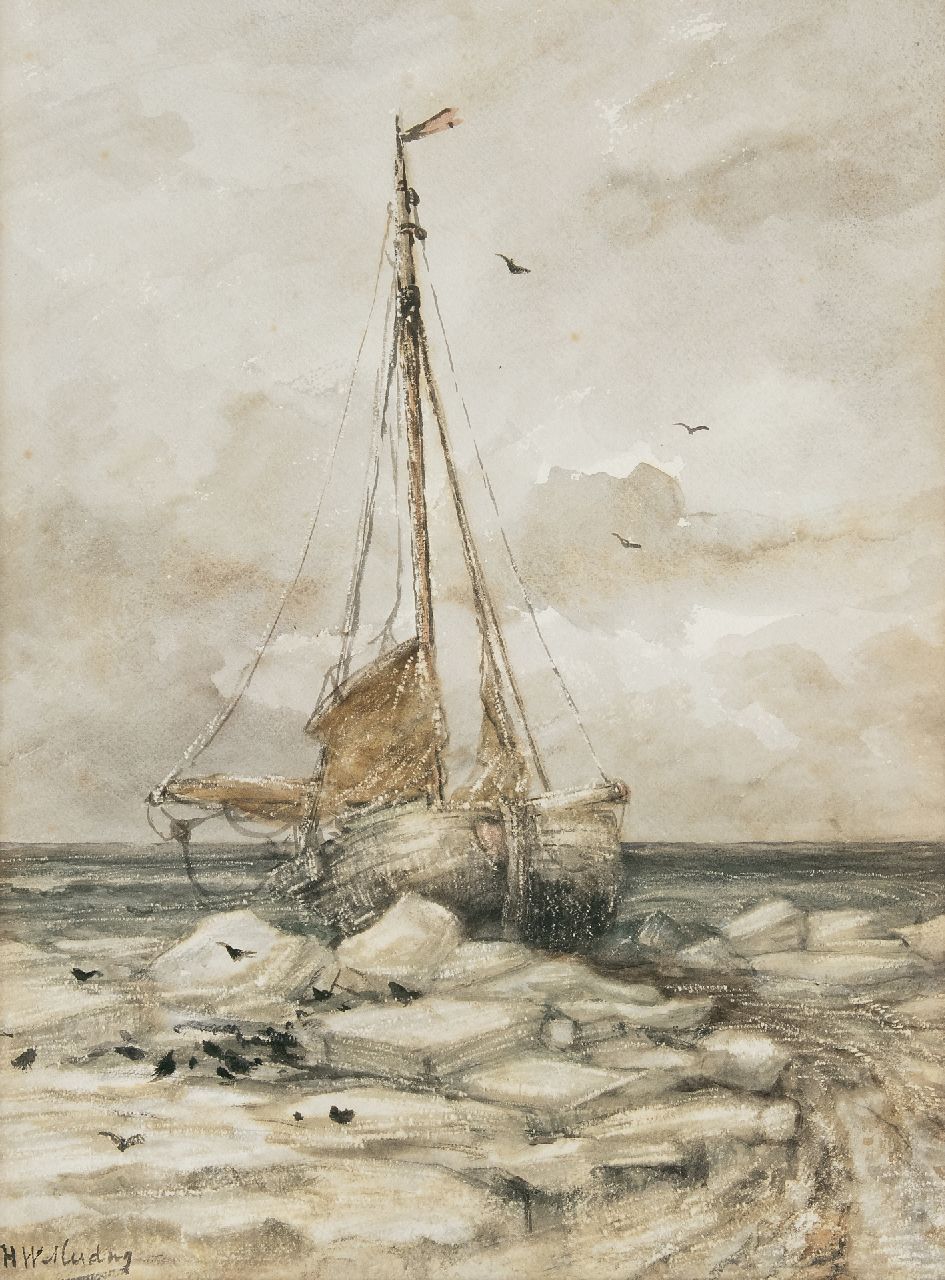 Mesdag H.W.  | Hendrik Willem Mesdag, Bomschuit op het strand tussen ijsschotsen, aquarel op papier 53,0 x 39,7 cm, gesigneerd linksonder en te dateren ca. 1891