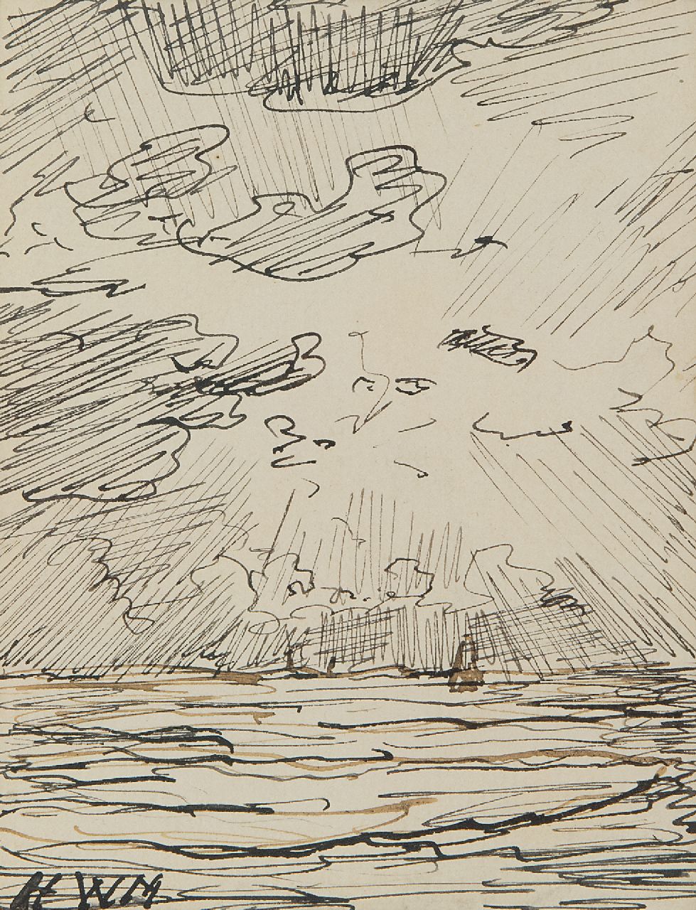 Mesdag H.W.  | Hendrik Willem Mesdag, Bomschuit op volle zee bij zonsondergang, pen en Oost-Indische inkt op papier 12,0 x 9,5 cm, gesigneerd linksonder met initialen