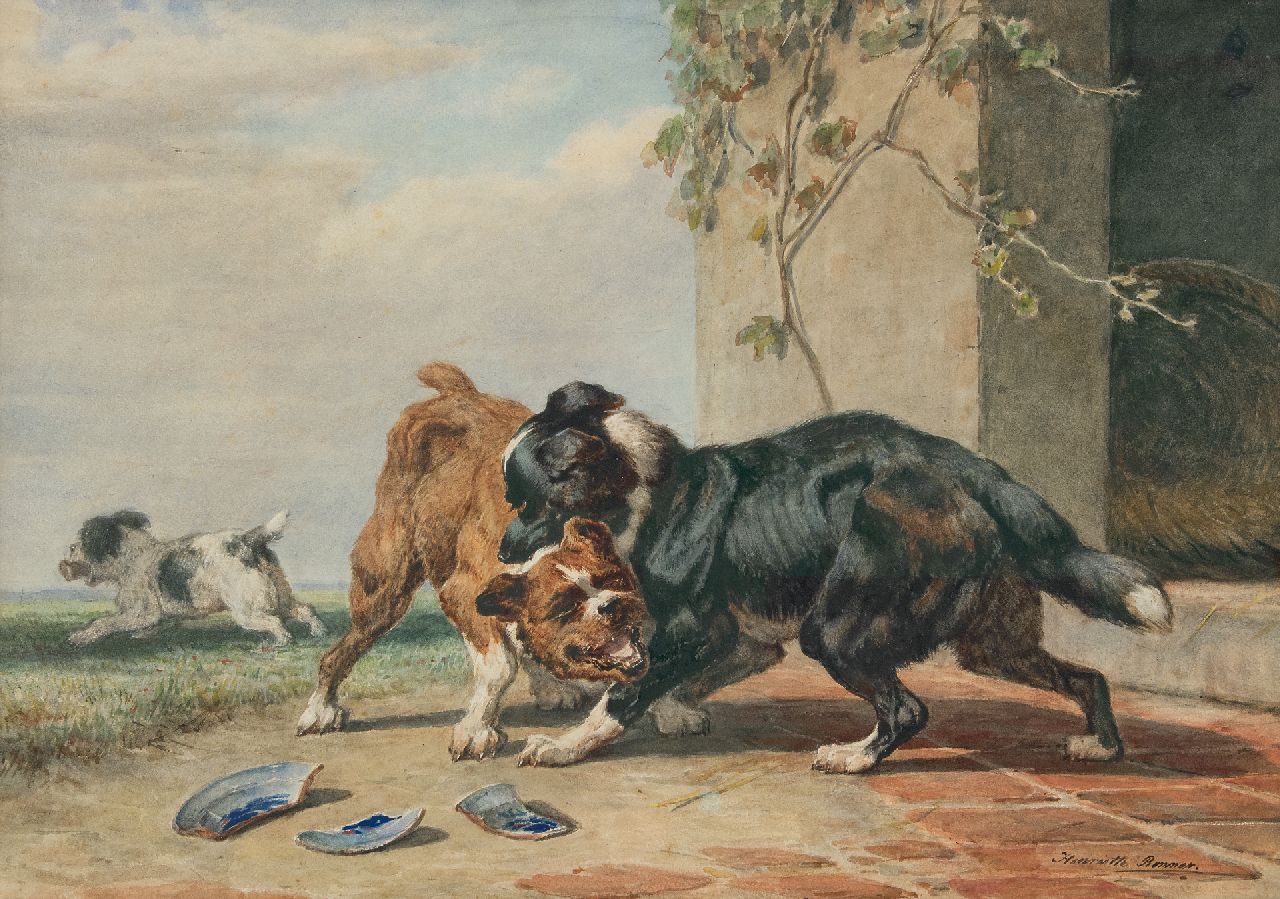 Ronner-Knip H.  | Henriette Ronner-Knip | Aquarellen en tekeningen te koop aangeboden | Als twee honden vechten om een been..., aquarel op papier 45,5 x 65,0 cm, gesigneerd rechtsonder