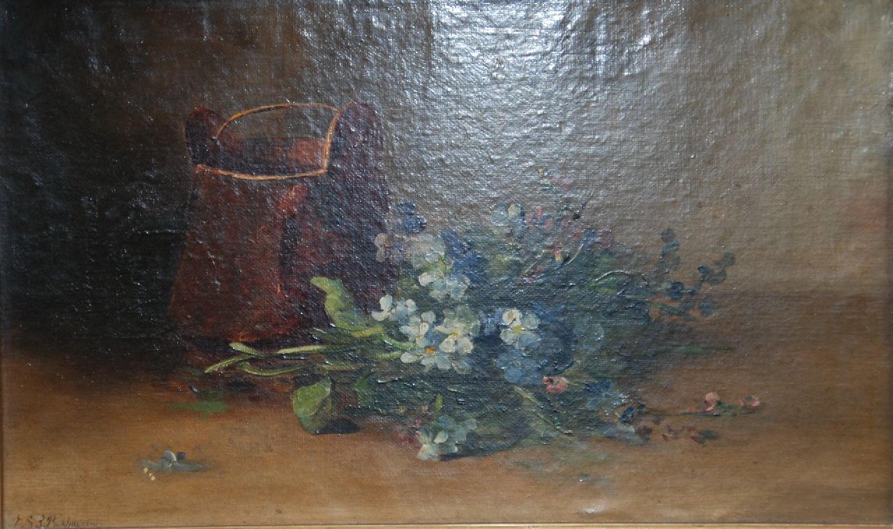 Sande Bakhuyzen G.J. van de | 'Gerardine' Jacoba van de Sande Bakhuyzen | Schilderijen te koop aangeboden | Bloemstilleven met seringen en koperen emmer (toegeschreven aan), olieverf op doek 24,3 x 40,0 cm, gesigneerd linksonder