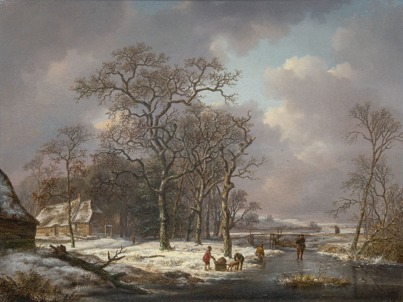 Schelfhout A.  | Andreas Schelfhout | Schilderijen te koop aangeboden | Sneeuwlandschap met figuren op een bevroren sloot, olieverf op paneel 53,2 x 71,0 cm, gesigneerd middenonder en te dateren ca. 1815-1820