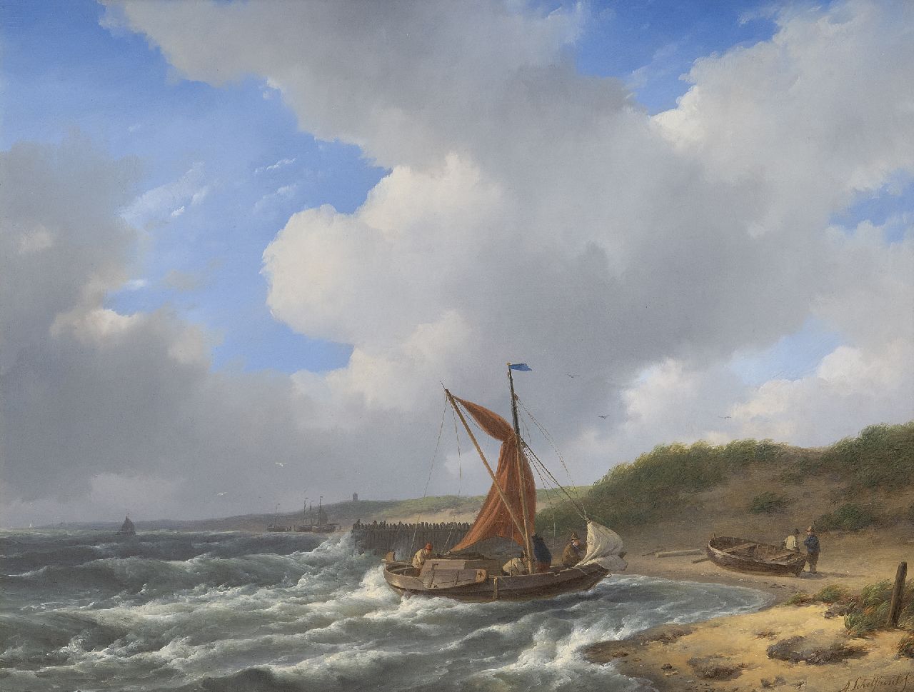 Schelfhout A.  | Andreas Schelfhout | Schilderijen te koop aangeboden | Aankomend vissersschip, olieverf op paneel 32,5 x 41,5 cm, gesigneerd rechtsonder