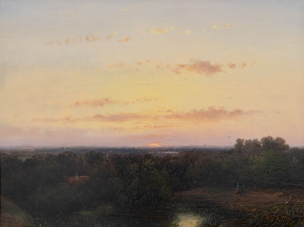 Schelfhout A.  | Andreas Schelfhout | Schilderijen te koop aangeboden | Panoramisch landschap bij zonsondergang, olieverf op paneel 21,8 x 29,1 cm, gesigneerd linksonder en gedateerd '51