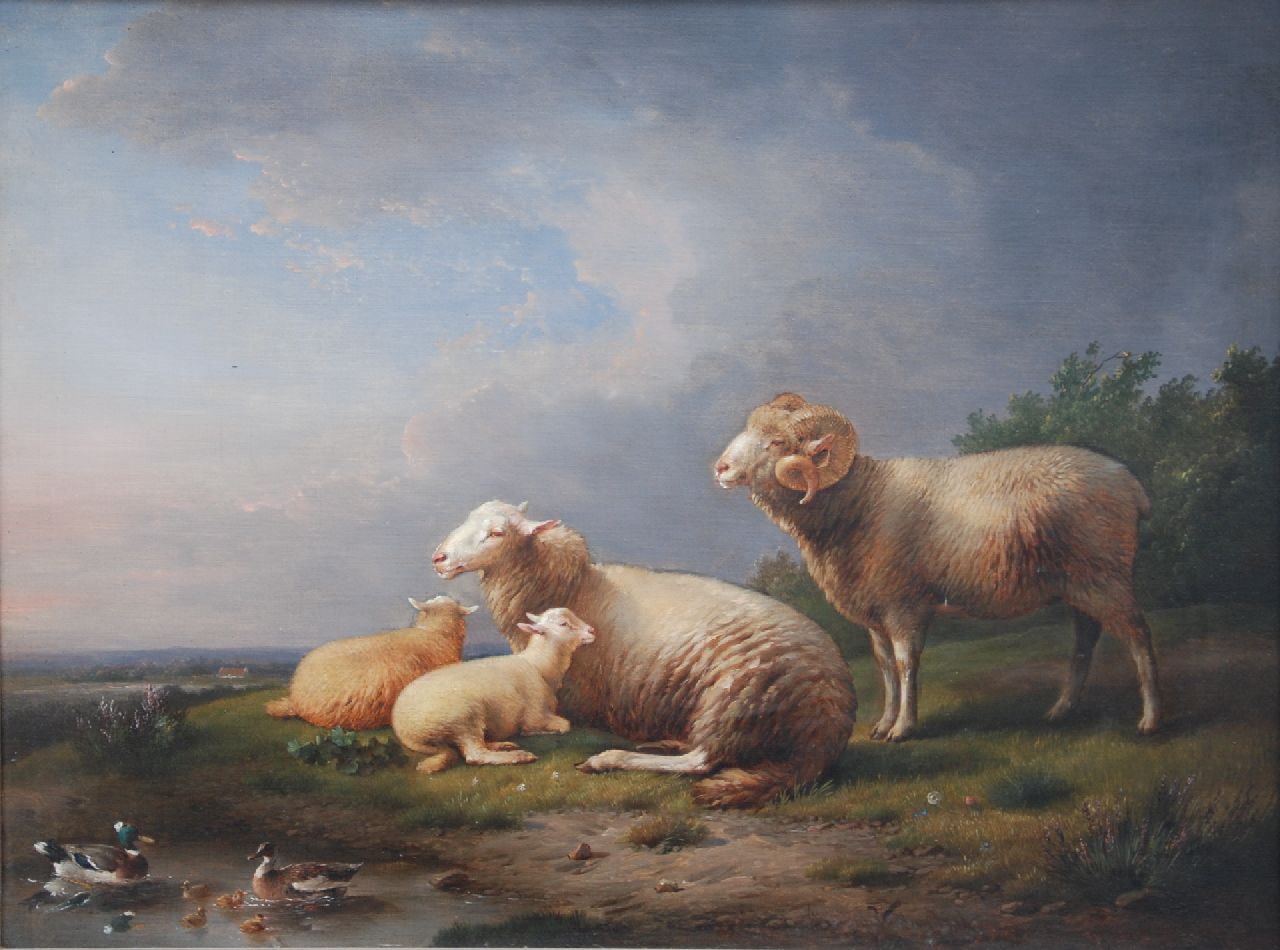 Severdonck F. van | Frans van Severdonck | Schilderijen te koop aangeboden | Schaap, ram en lammeren in een landschap, olieverf op doek 51,0 x 66,5 cm, gesigneerd rechtsonder