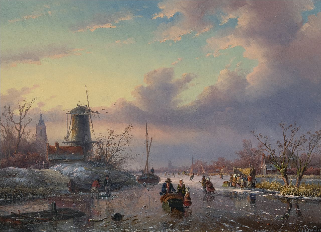 Spohler J.J.  | Jan Jacob Spohler | Schilderijen te koop aangeboden | Schaatsers en koek-en-zopietent op bevroren rivier, olieverf op paneel 43,0 x 59,0 cm, gesigneerd rechtsonder