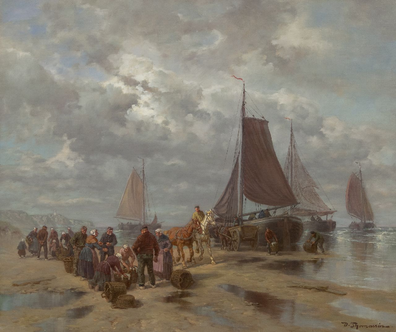Thomassin D.  | Désiré Thomassin | Schilderijen te koop aangeboden | Visverkoop op het strand, olieverf op doek 50,5 x 60,5 cm, gesigneerd rechtsonder