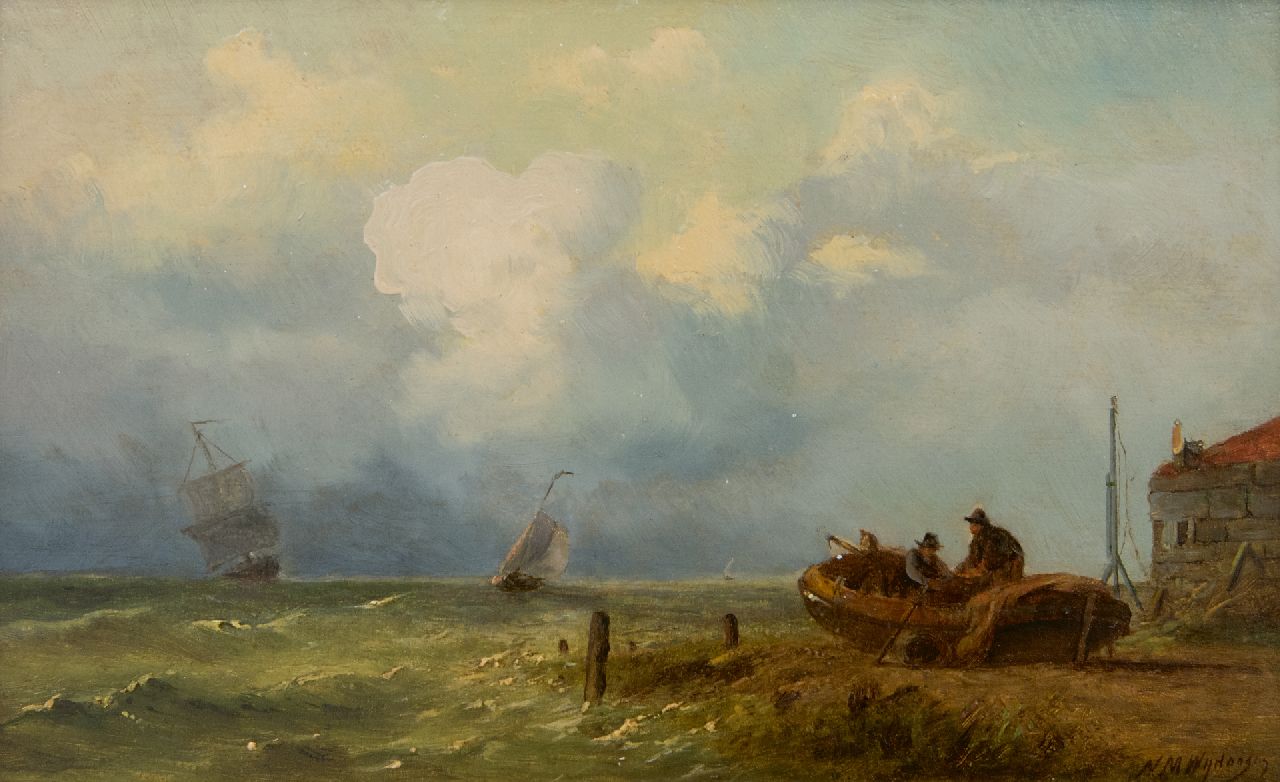 Wijdoogen N.M.  | Nicolaas Martinus Wijdoogen, Vissers aan het werk langs de kustlijn, olieverf op paneel 17,8 x 28,3 cm, gesigneerd rechtsonder
