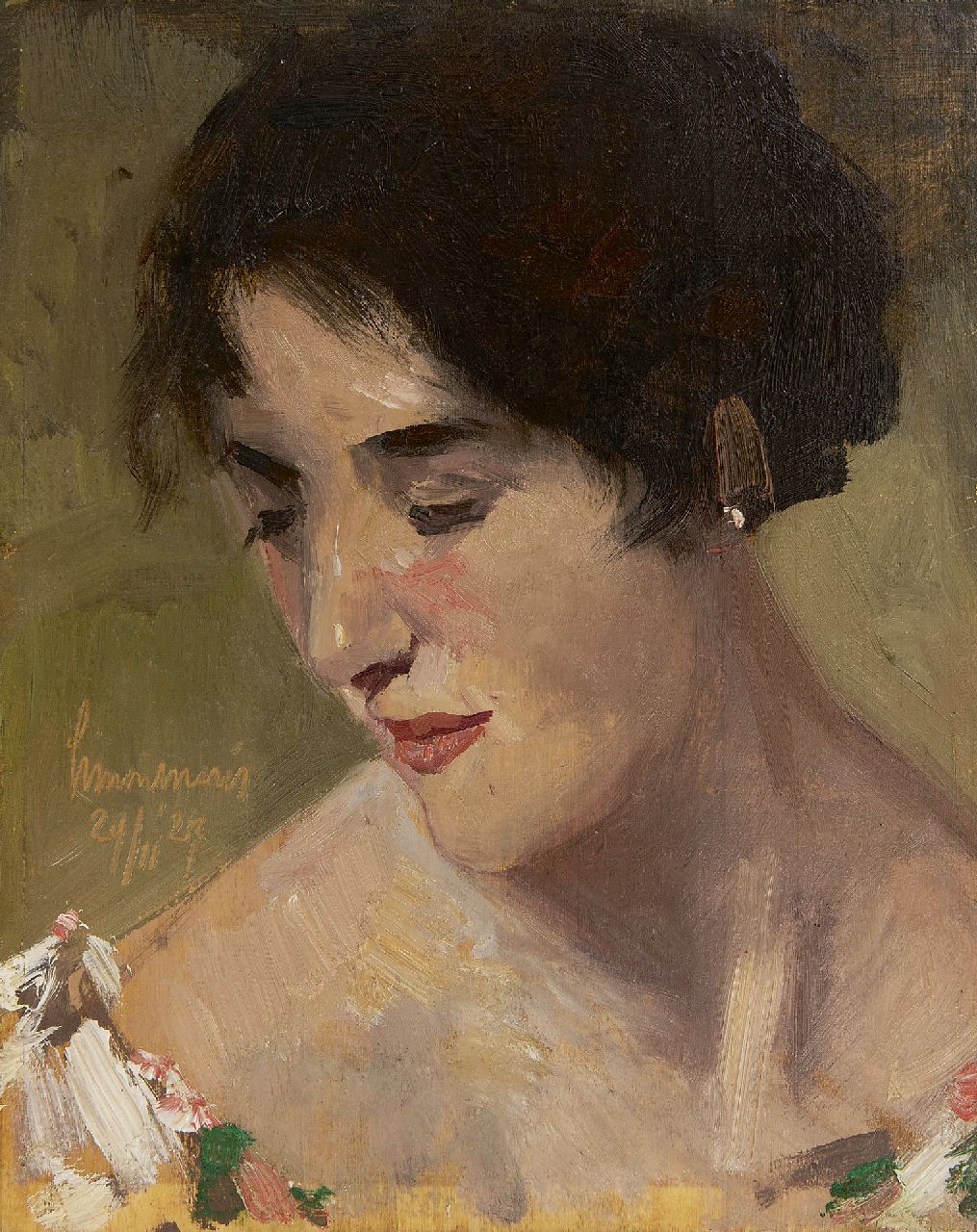 Maris S.W.  | Simon Willem Maris, Portret van een vrouw, olieverf op paneel 26,3 x 21,0 cm, gesigneerd links van het midden en gedateerd 24/11 '27