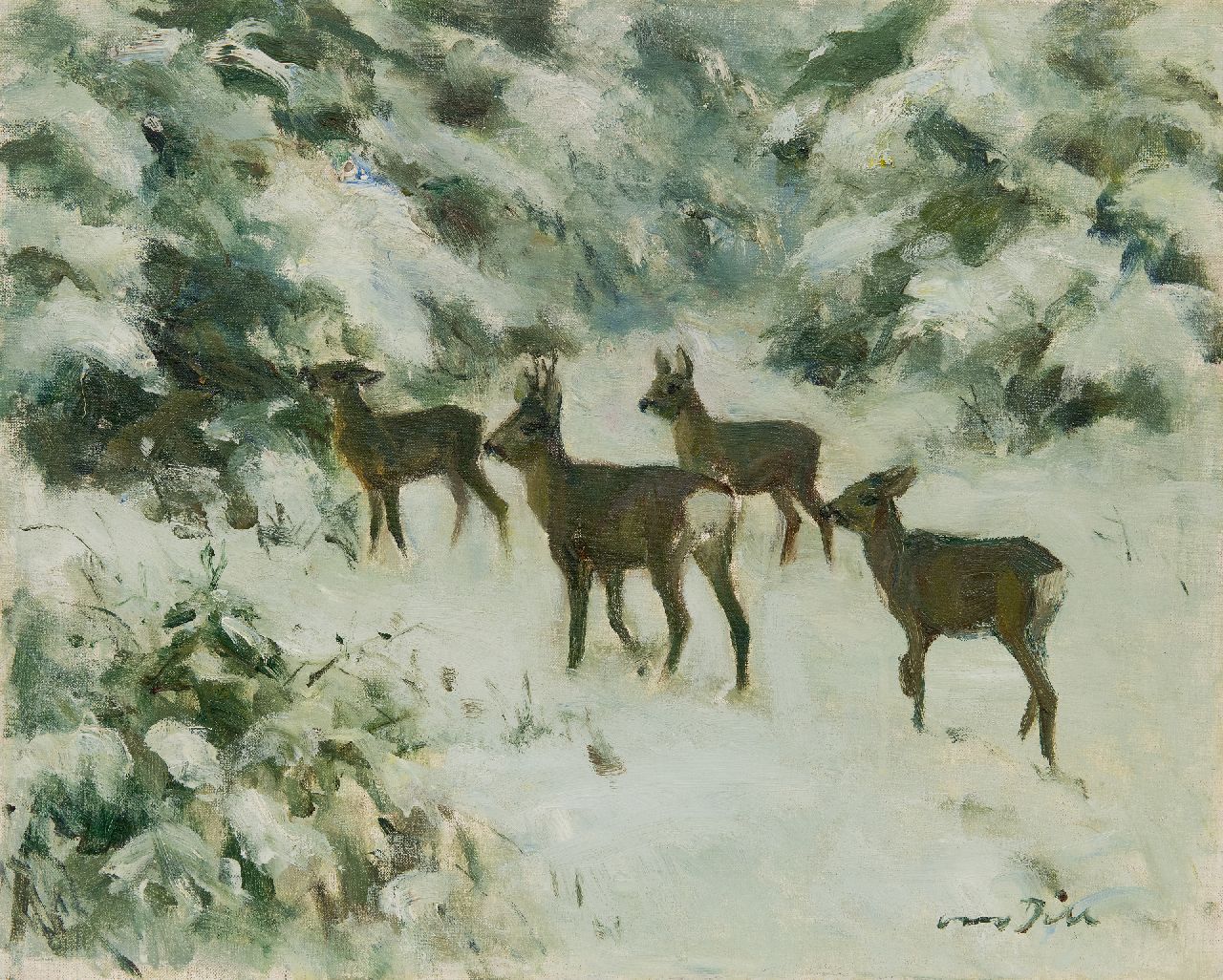 Dill O.C.W.  | Otto Carl Wilhelm Dill | Schilderijen te koop aangeboden | Reeën in de sneeuw, olieverf op doek 40,2 x 50,0 cm, gesigneerd rechtsonder