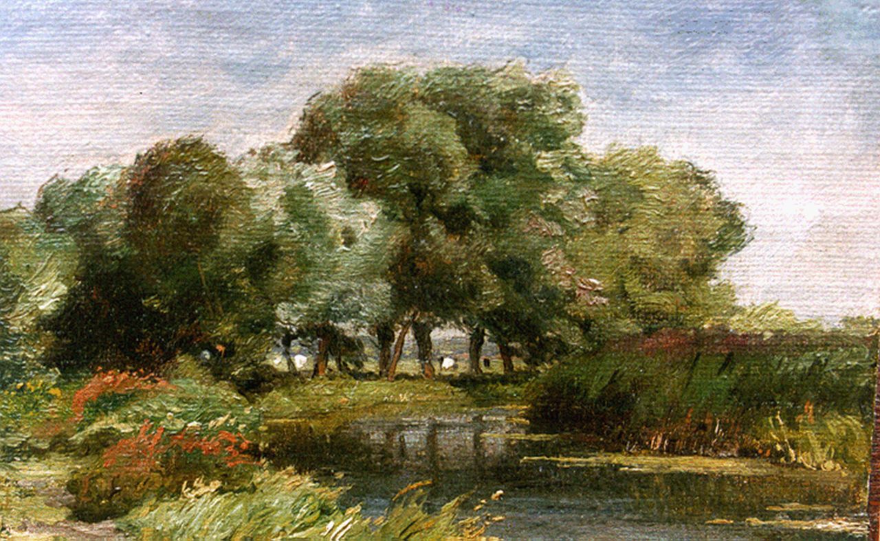 Borselen J.W. van | Jan Willem van Borselen, Boomrijk rivierlandschap, olieverf op doek op paneel 12,8 x 19,4 cm, gesigneerd rechtsondervaag