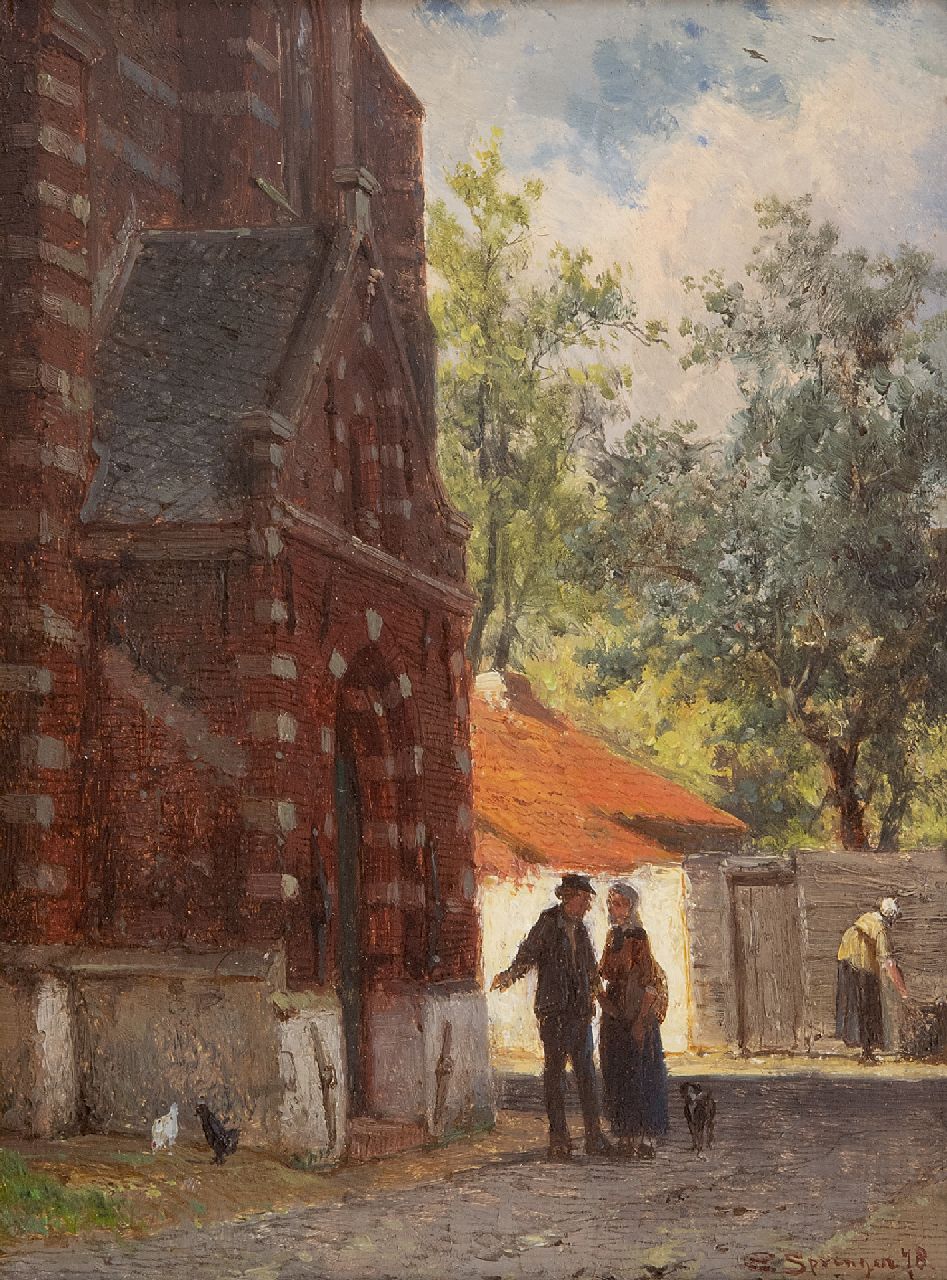 Cornelis Springer | Stadsgezicht met het portaal van de Kleine Kerk te Edam, olieverf op paneel, 16,2 x 12,0 cm, gesigneerd r.o. en gedateerd '78