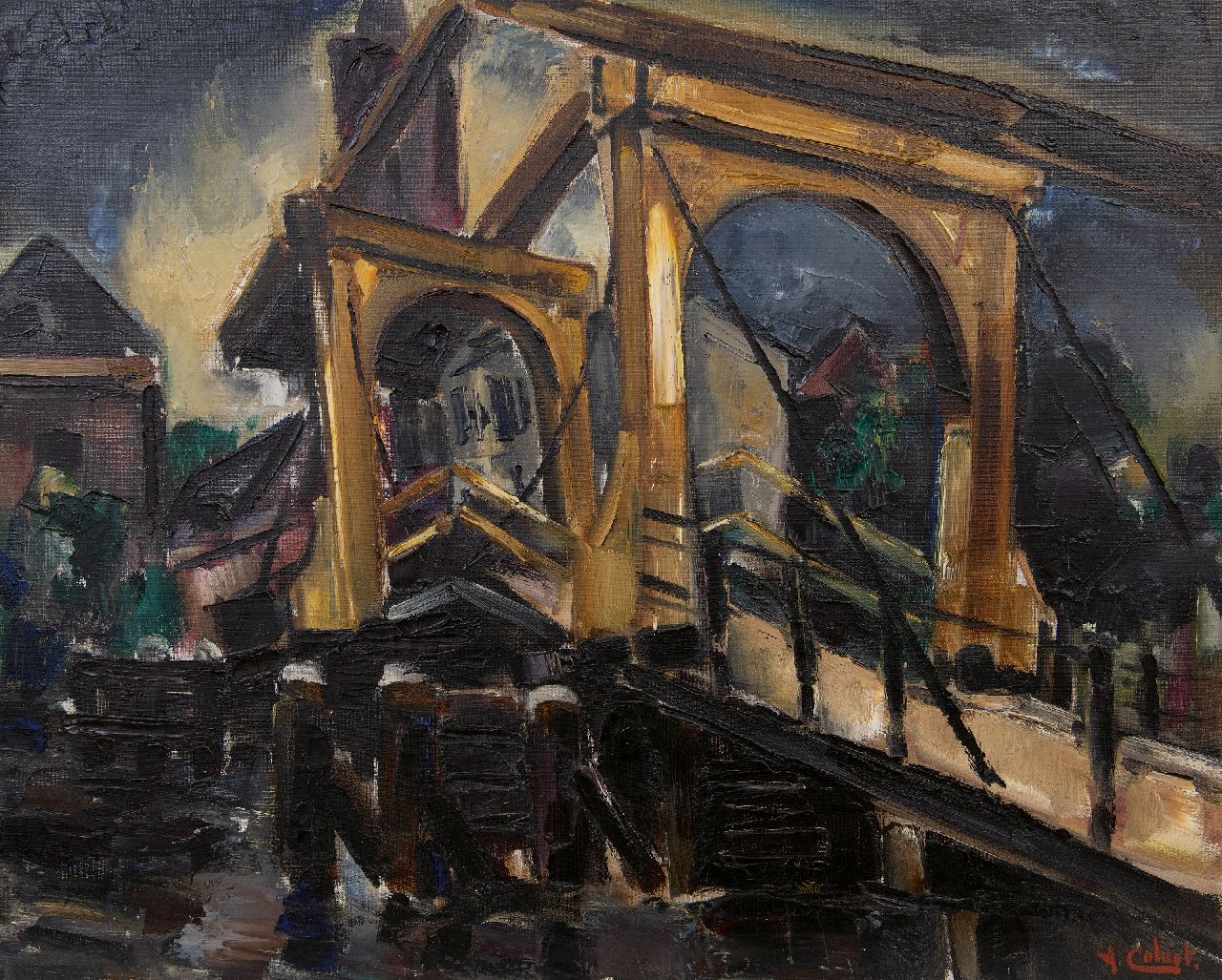 Colnot A.J.G.  | 'Arnout' Jacobus Gustaaf Colnot, Ophaalbrug in Loenen aan de Vecht, olieverf op doek 61,3 x 76,9 cm, gesigneerd rechtsonder