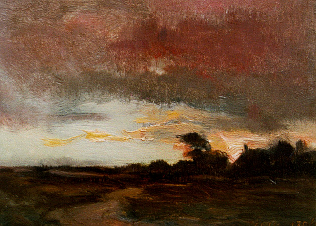 Roessingh L.A.  | Louis Albert Roessingh, Landschap bij zonsondergang, olieverf op paneel 12,0 x 16,0 cm, gesigneerd rechtsonder ini en gedateerd 1896