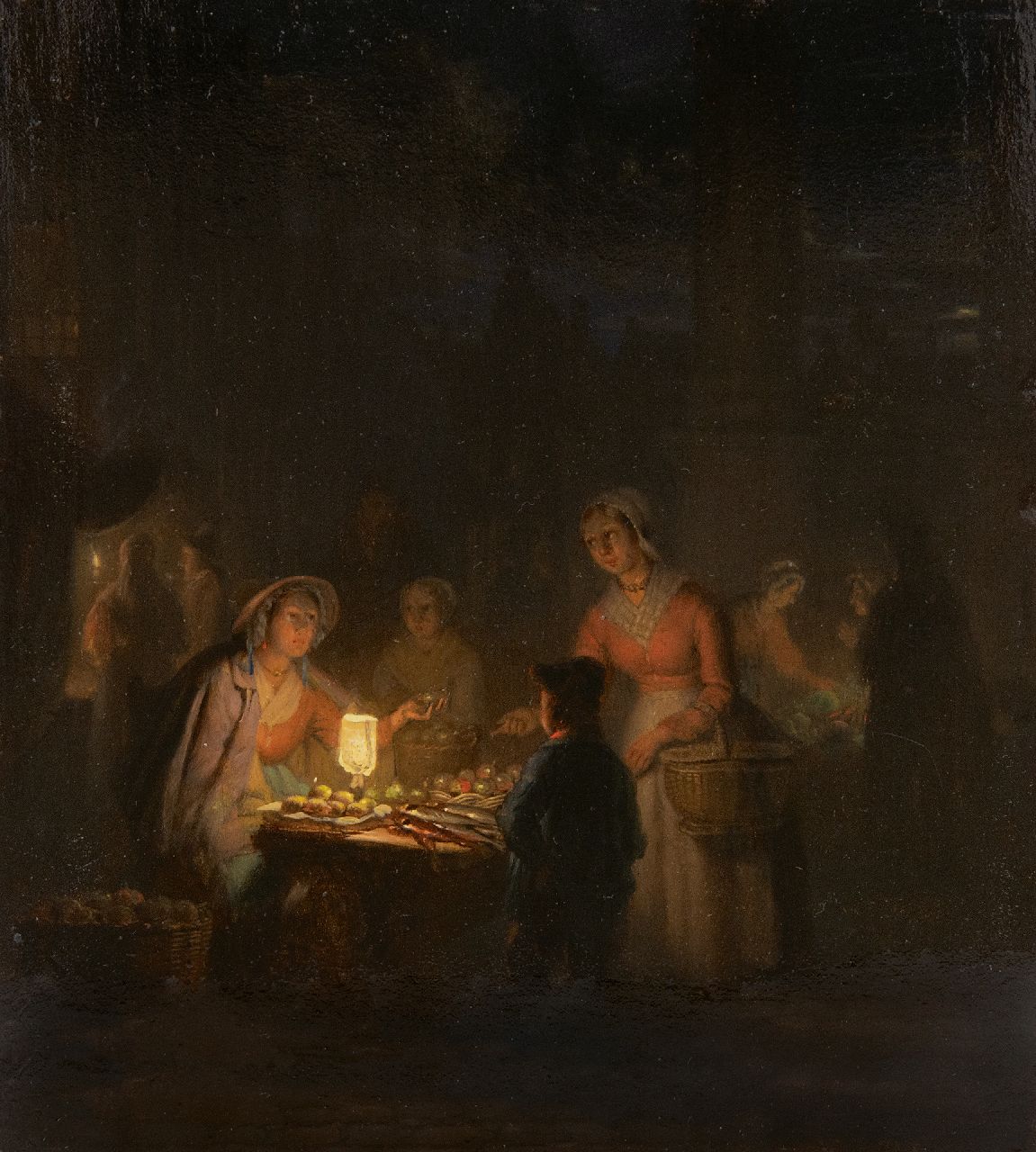 Jan Hendrik van Grootvelt | Op de avondmarkt, olieverf op paneel, 17,7 x 15,6 cm, gesigneerd verso en verso gedateerd 1841