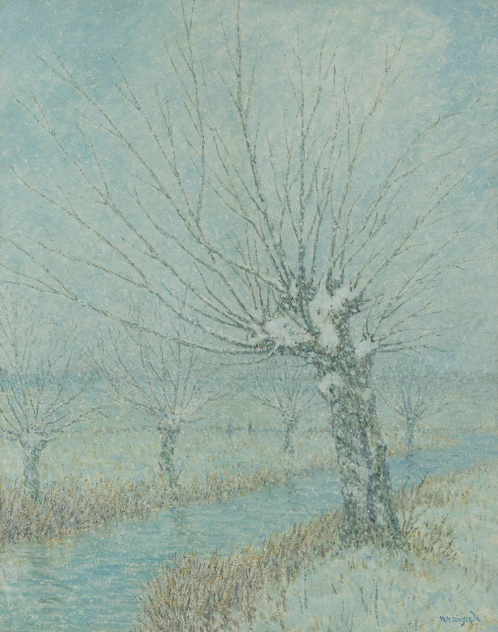 Singer W.H.  | William Henry Singer, The First Snow, Holland, olieverf op board 50,5 x 40,0 cm, gesigneerd rechtsonder en verso gedateerd 1933
