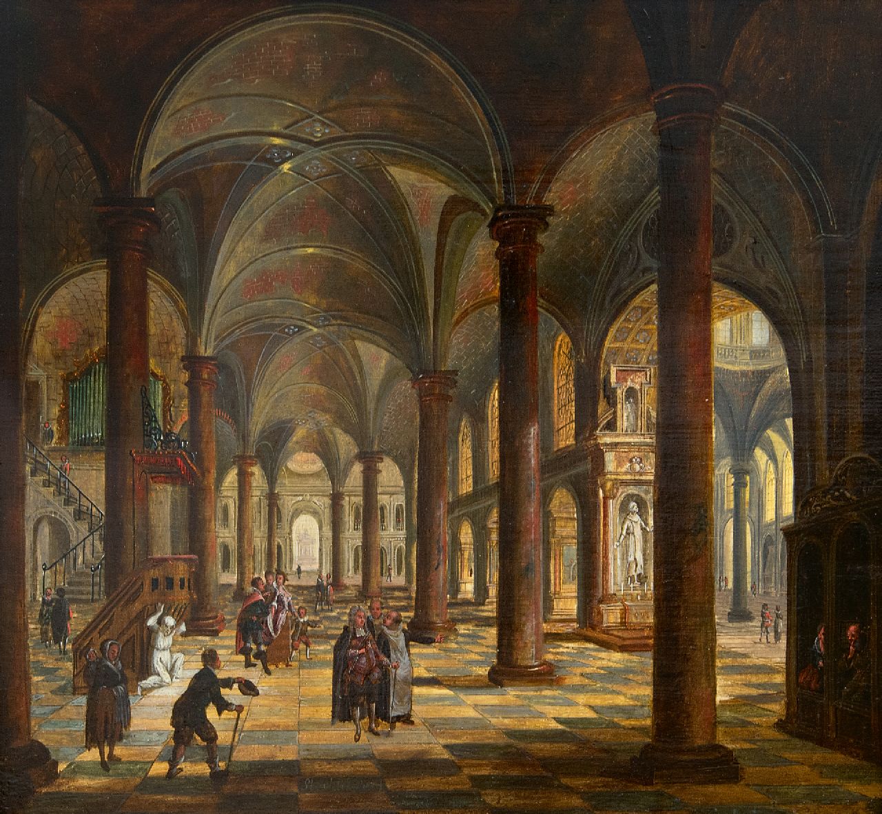 Stöcklin C.  | Christian Stöcklin | Schilderijen te koop aangeboden | Kerkinterieur met figuren, olieverf op paneel 27,5 x 30,9 cm, gesigneerd middenonder
