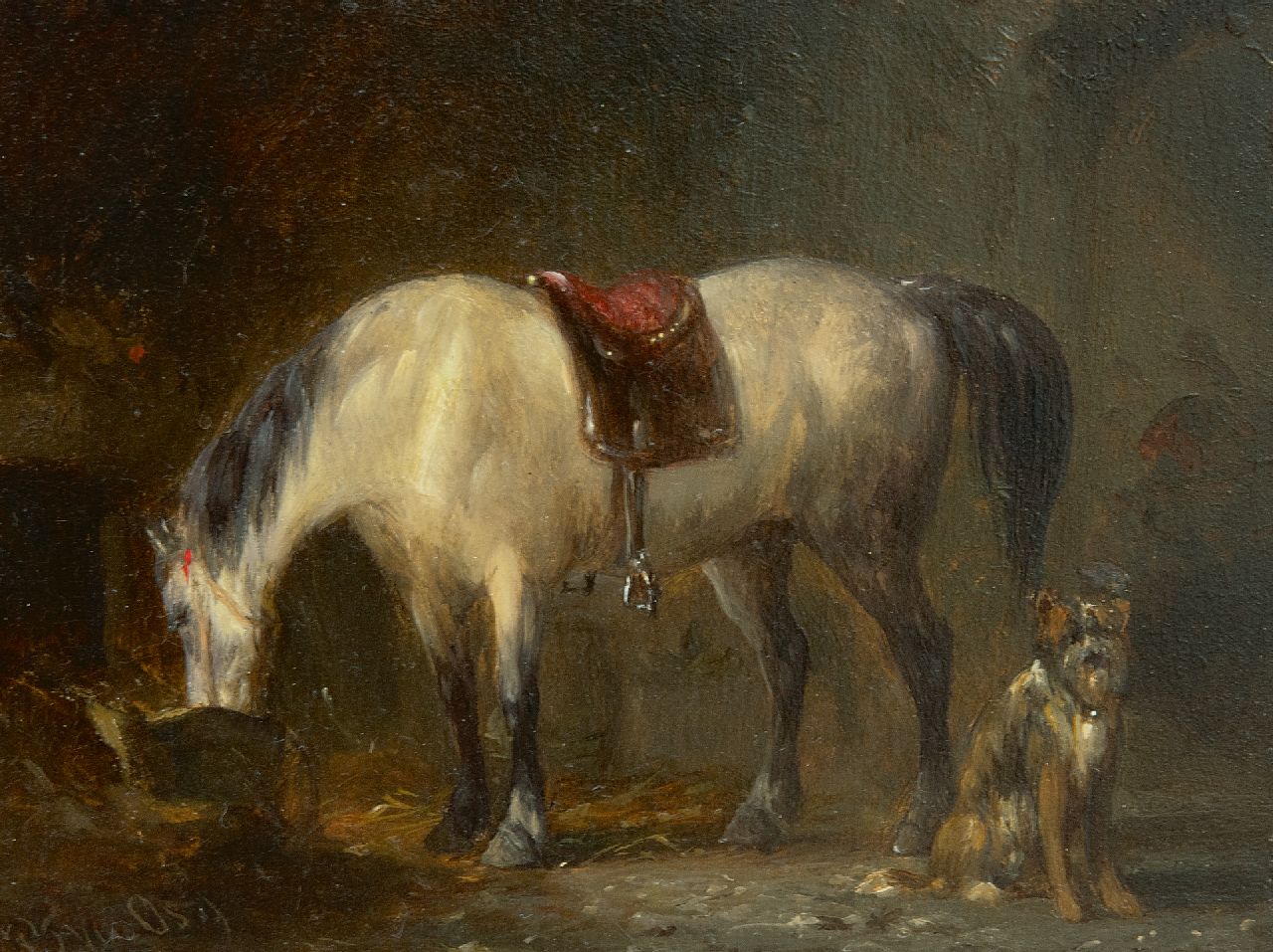 Os P.F. van | Pieter Frederik van Os | Schilderijen te koop aangeboden | In de stal, olieverf op paneel 9,1 x 12,2 cm, gesigneerd linksonder