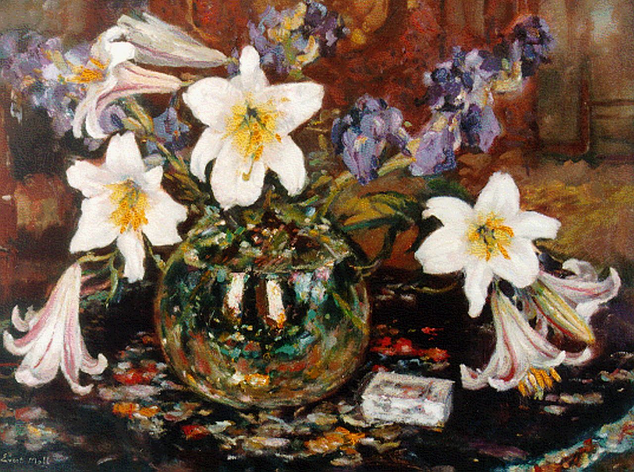 Moll E.  | Evert Moll, Stilleven met lelies in glazen vaas, olieverf op doek 60,0 x 80,1 cm, gesigneerd linksonder