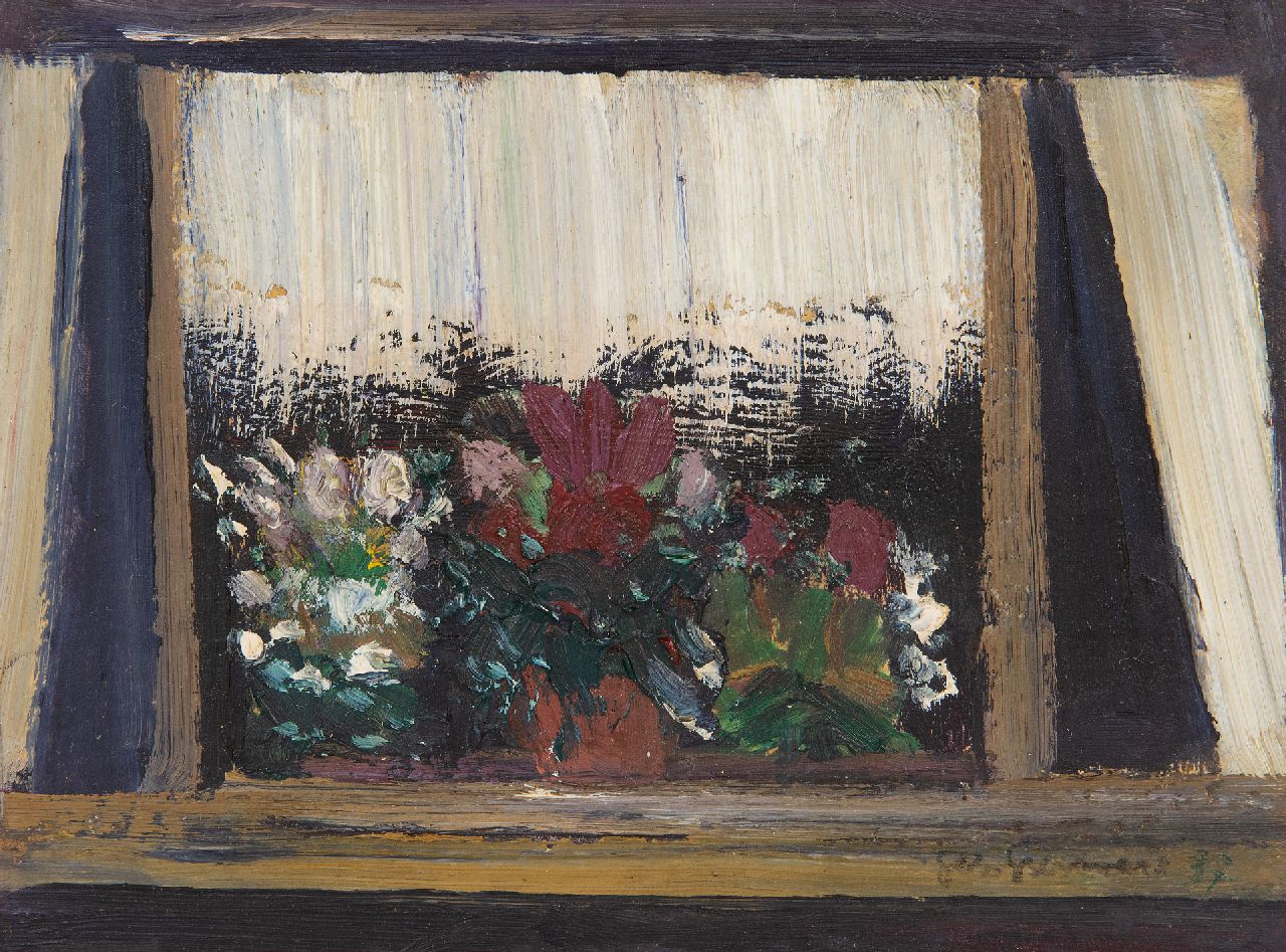 Grassère G.  | Gérard Grassère, Bloemen voor een raam, olieverf op board 15,3 x 20,4 cm, gesigneerd rechtsonder en gedateerd '37