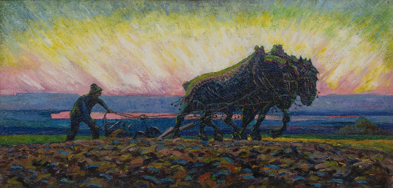 Gouwe A.H.  | Adriaan Herman Gouwe | Schilderijen te koop aangeboden | Ploegende paarden bij zonsopkomst, olieverf op doek 47,9 x 98,9 cm