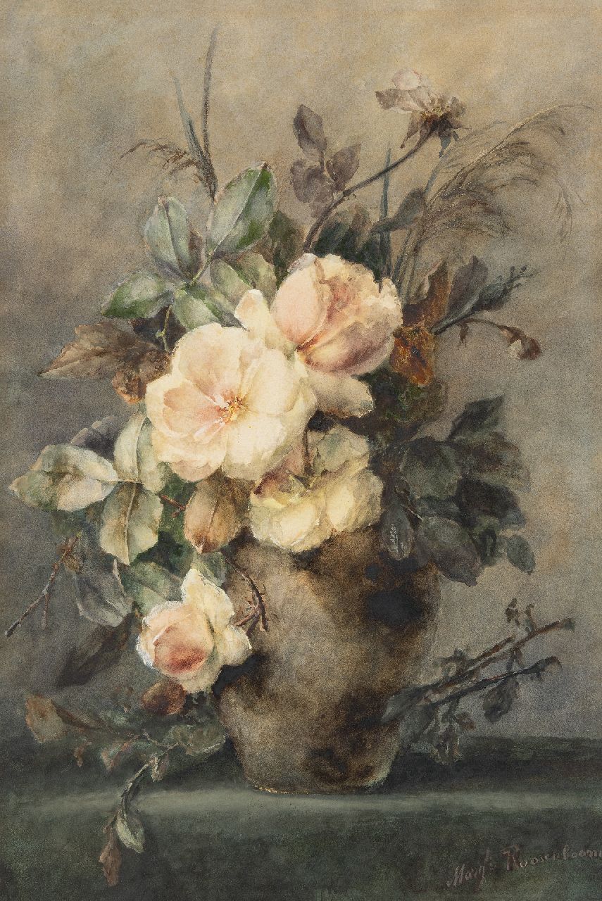 Roosenboom M.C.J.W.H.  | 'Margaretha' Cornelia Johanna Wilhelmina Henriëtta Roosenboom, Roze rozen in stenen vaas, aquarel op papier 65,0 x 43,4 cm, gesigneerd rechtsonder
