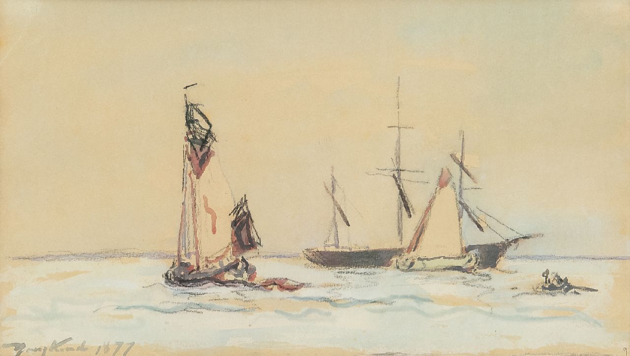 Jongkind J.B.  | Johan Barthold Jongkind, Zeilschepen op de rivier, krijt en aquarel op papier 15,0 x 26,0 cm, gesigneerd linksonder en gedateerd 1877